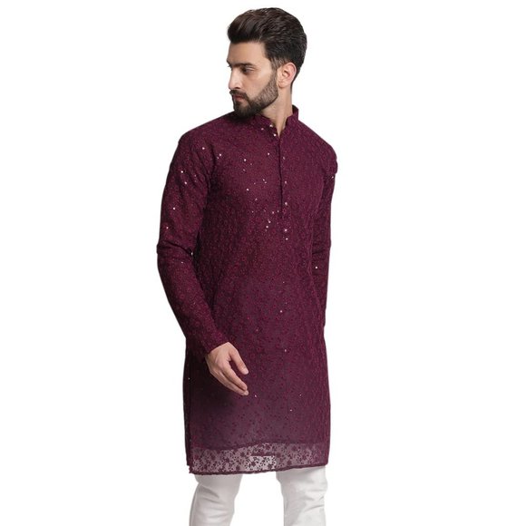 Men Chikankari Georgette Wine Color Kurta Full Sleeve Knee Length Kurta - Picture 2 of 5